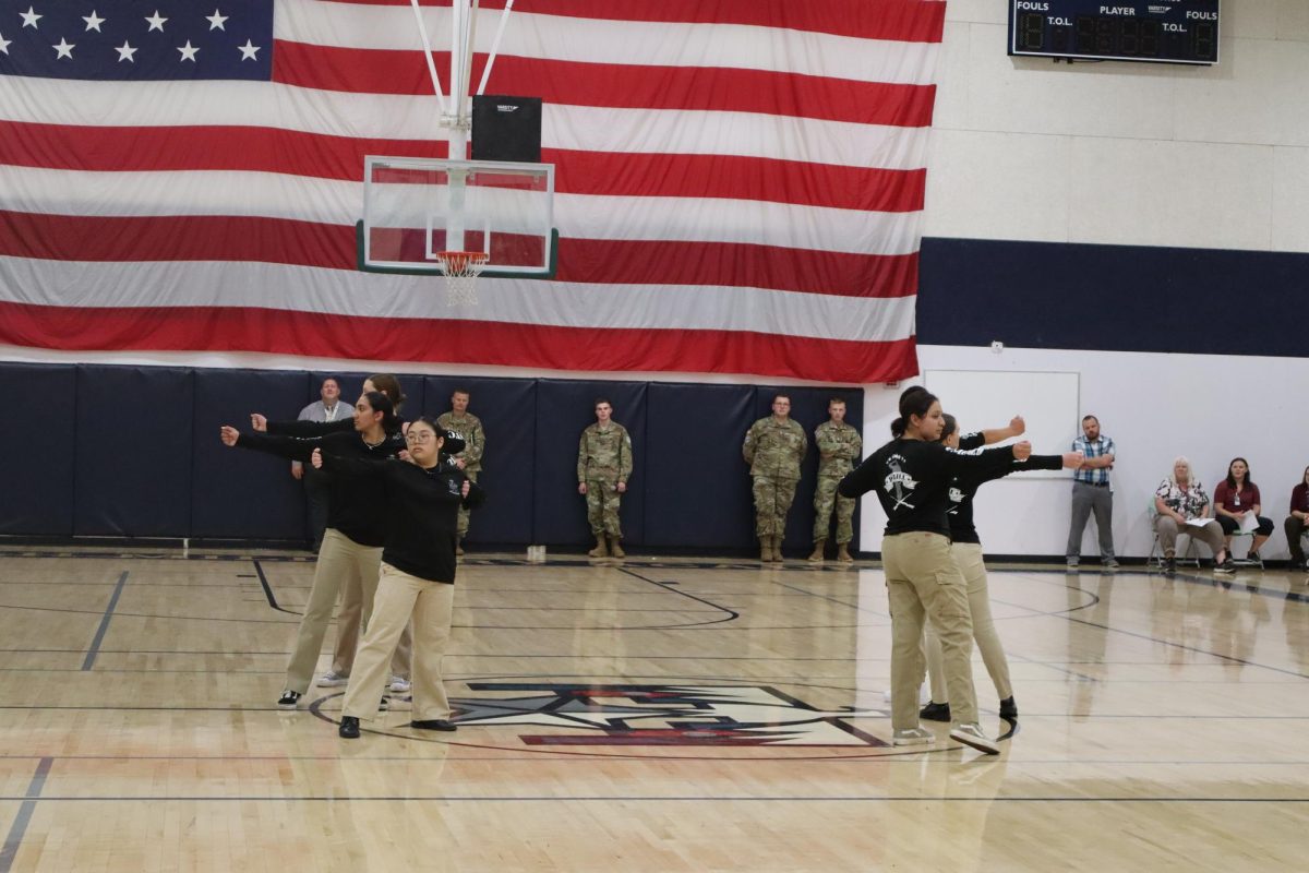 One of the highlights of the Welcome Back assembly was the demonstrations of the unarmed and armed drill teams. Here, the unarmed drill team performs their routine. 