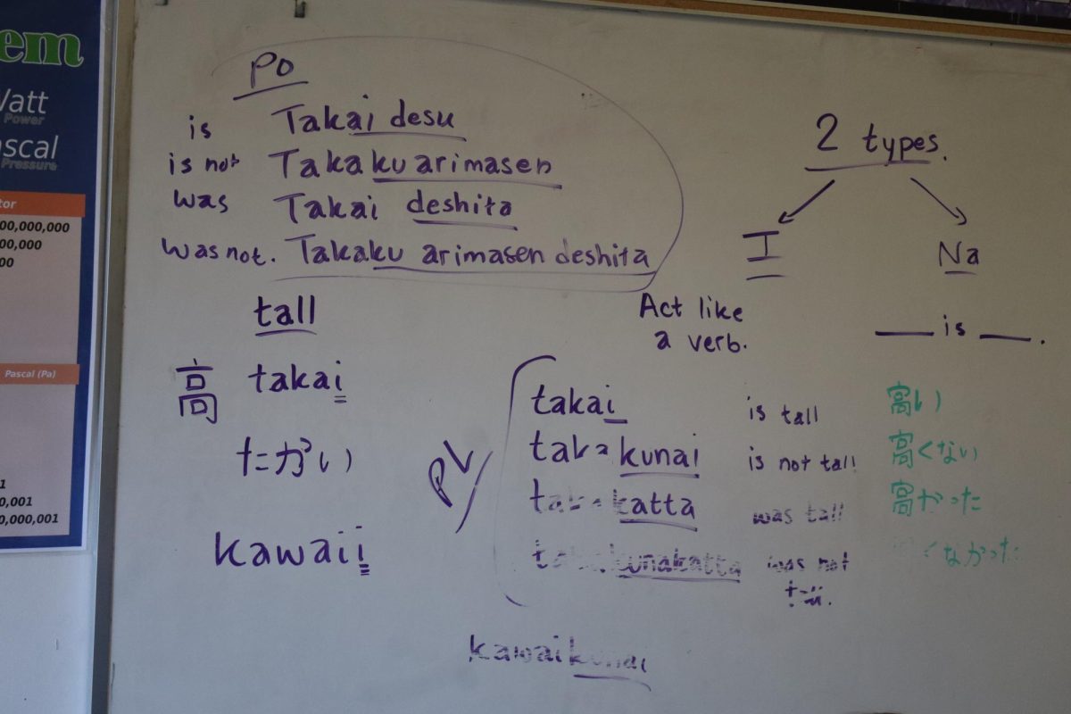 Mr. Gabriele uses his whiteboard to teach different Japanese words, including their pronunciation. 