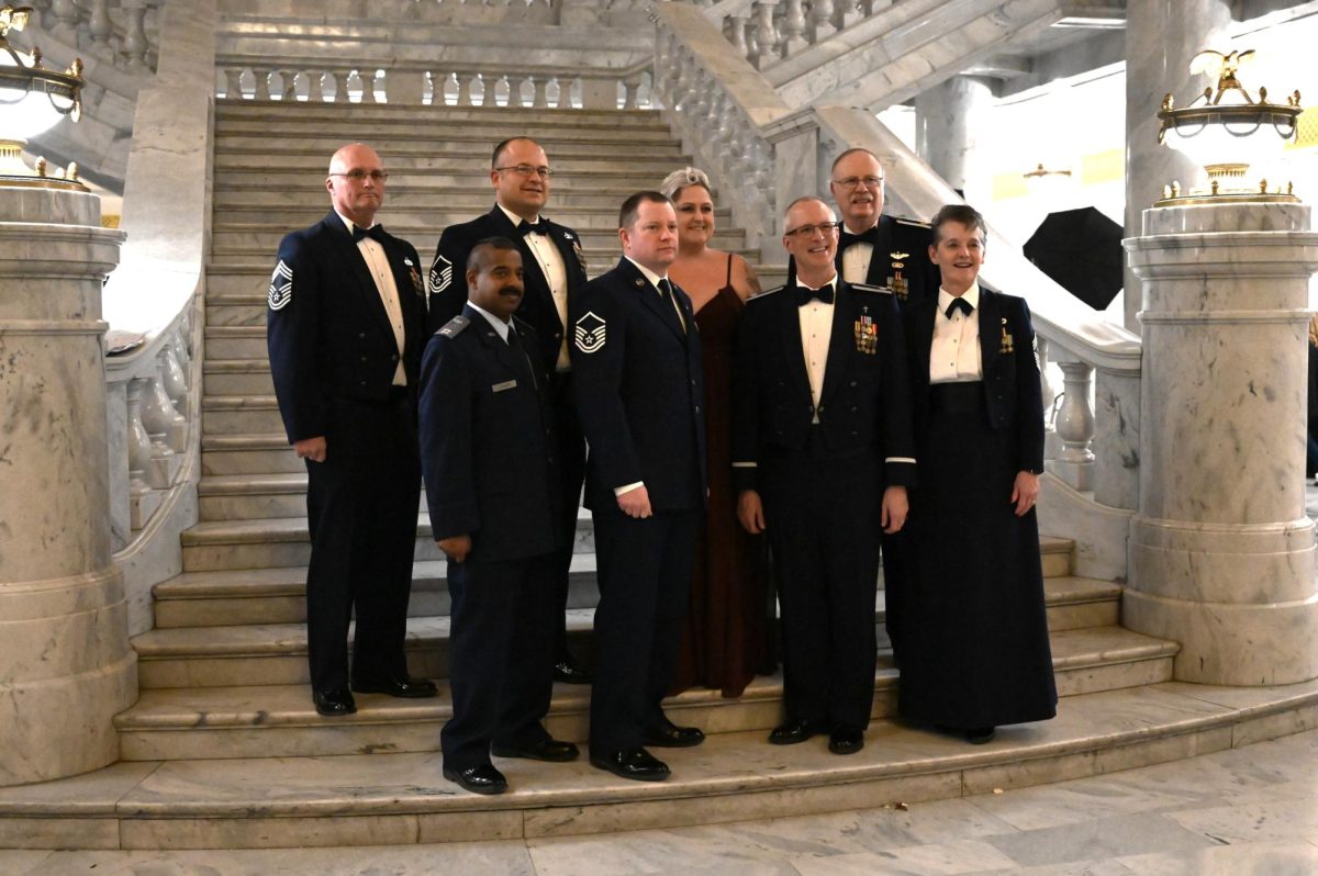 The Utah Military Academy JROTC Staff poses on the Capitol steps at the Military Ball. 